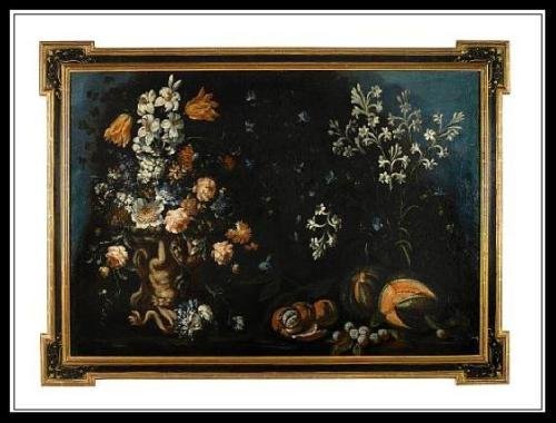 Spectacular Antique 17th C Italian Still Oil Painting: This lovely painting is a genuine Italian antique and dates to the late 17th to early 18th century. It is a stunning example depicting a floral still life with fruit and a figural urn. It is beau