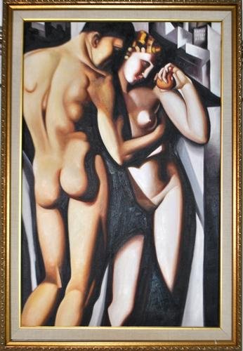 AFTER TAMARA DE LEMPICKA HAND PAINTED ORIGINAL OIL: BEAUTIFUL HAND PAINTED ORIGINAL OIL ON CANVAS AFTER TAMARA DE LEMPICKA. A FINELY DETAILED AND EXECUTED PIECE. COMES WITH CUSTOM GALLERY FRAMING. 42 X 29 This item ships from Virginia