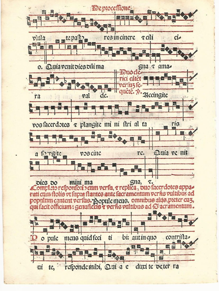 1567 Red and Black Fine Hymnal Leaf: A printed hymnal leaf in red and black from “Sacerdotal ad Consuetudinem Sacro Sancte…”, printed at Venice by Petri Liechtenstein. Fine, measures 6 x 8.5”. Free shipping for this item within t