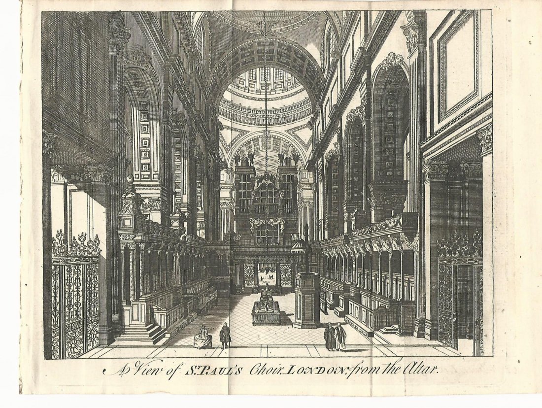 1750 Engraving St. Paul's London: Beautiful folding engraving of St. Paul’s Choir, London from the Altar. 1750, London, Fine condition, measures 11 x 8”. Free shipping for this item within the continental US.