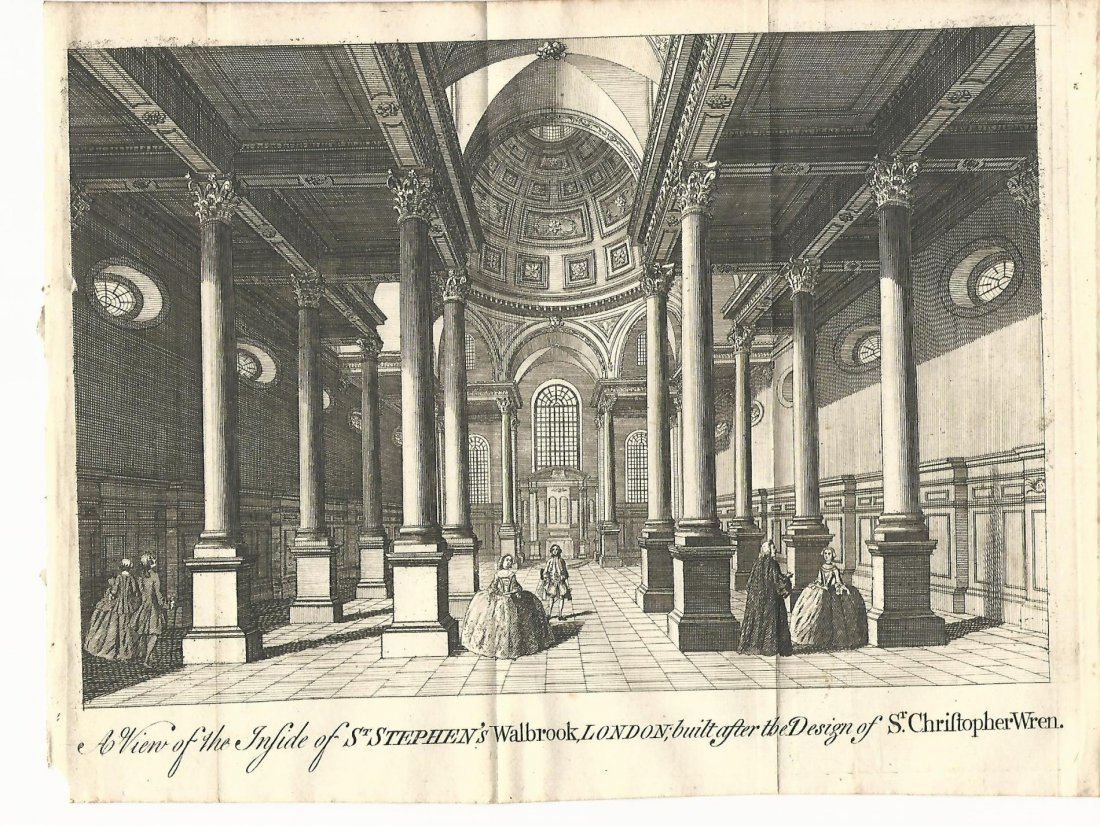1750 St. Stephens Walbrook Chrisopher Wren: Fine folding engraving of “A View inside of St. Stephen’s Walbrook, London built after the design of Sr. Christopher Wren”, measures 11 x 8”. Free shipping for this item within the continental