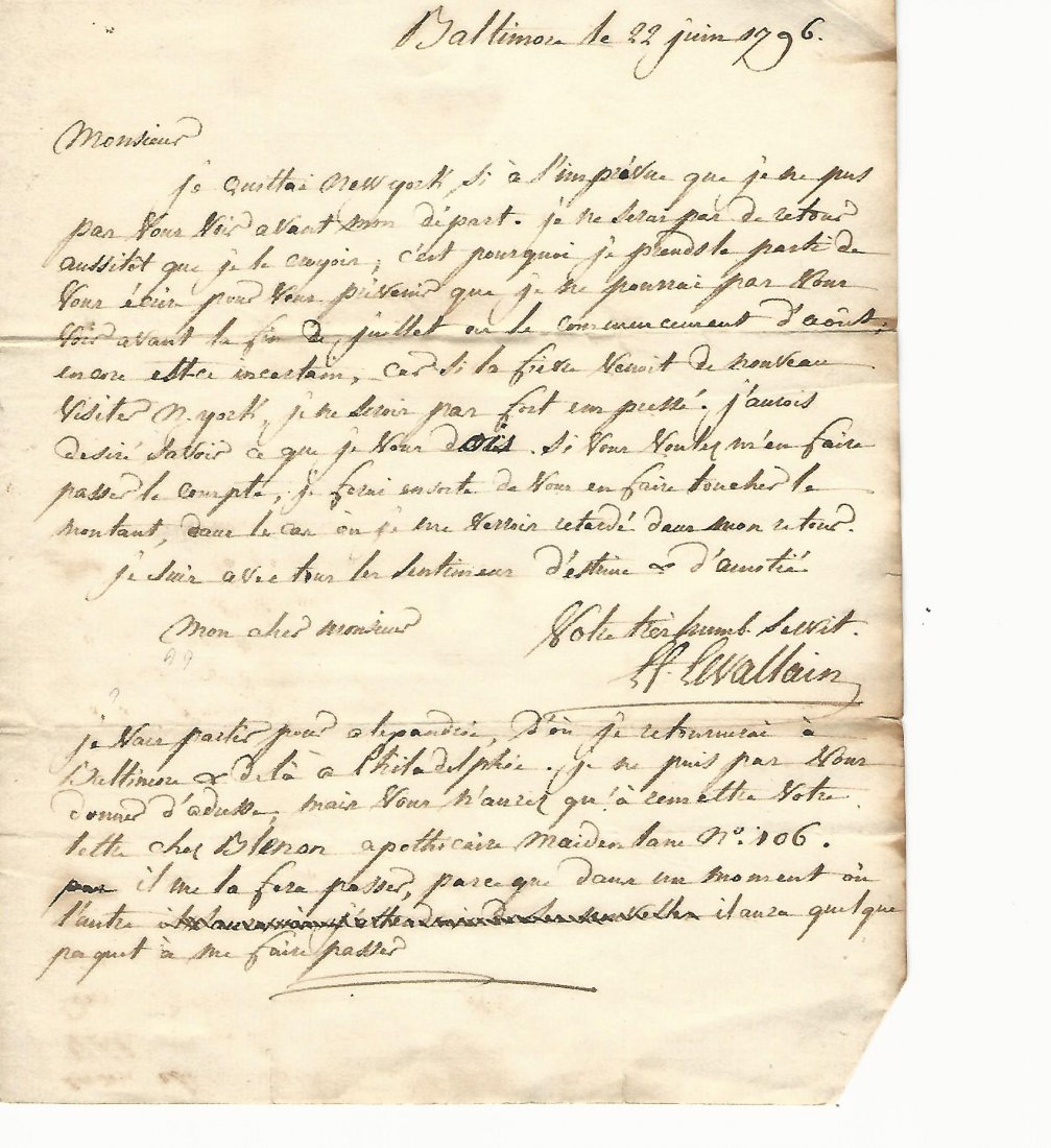 1796 Folded Letter Baltimore New York: 1796 Folded letter from Baltimore to New York attorney Abraham Walton on Pearl Street. The letter is in French. Manuscript postal marking remnants of seal. Fine. Free shipping for this item within the