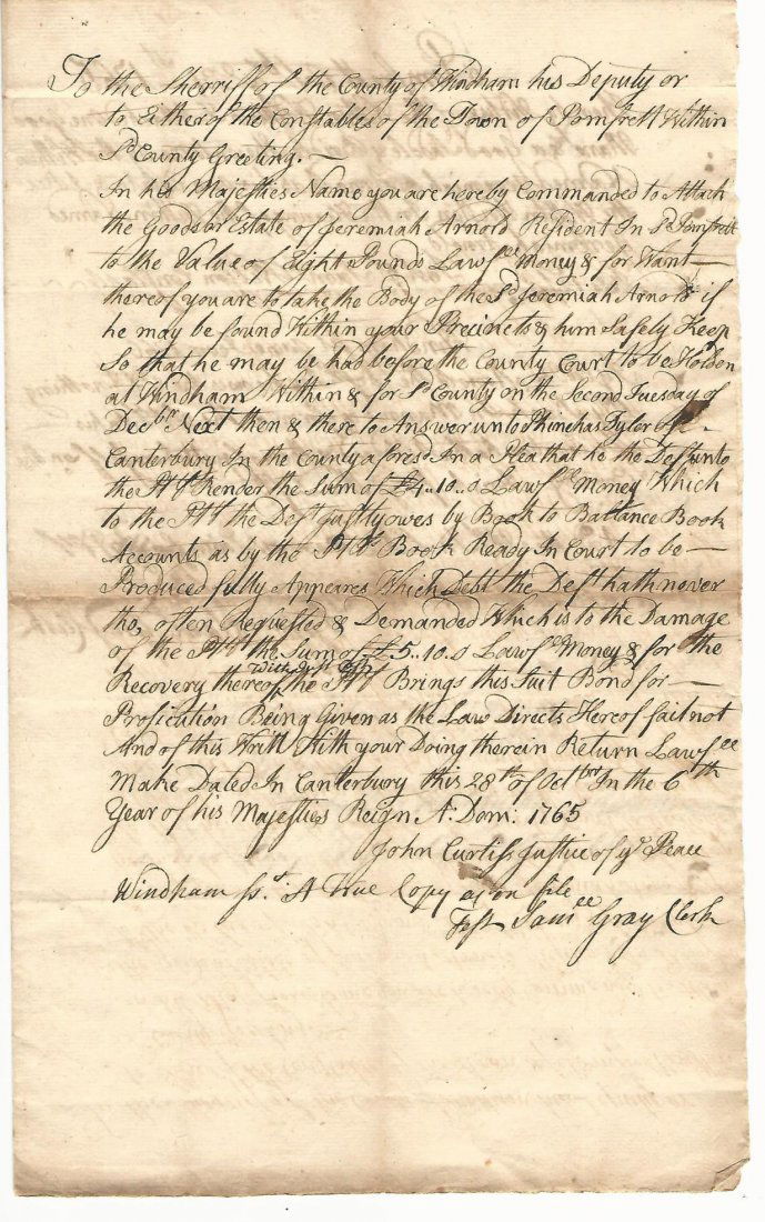 1765 Colonial American Legal Doc J. Arnold (1 of 2)
