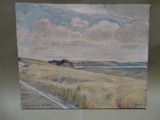 Ejnar Hansen “Field Scene” P1005: Ejnar Hansen, rolling grasses in an old California field. Oil on board, 1924. Provenance: Hansen Estate Measurement: 22w x 18h. This item ships from Los Angeles, CA