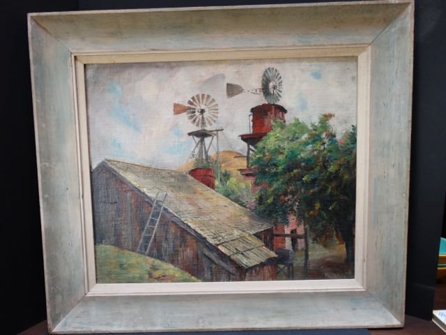 Ejnar Hansen “Barn & Windmills” P1095: One of the best “barn” scenes we’ve seen from the Ejnar Hansen inventory. Here with windmills and ladder, suggesting a farm hard at work. Oil on board. Provenance: Hansen Estate Measurement: Ima