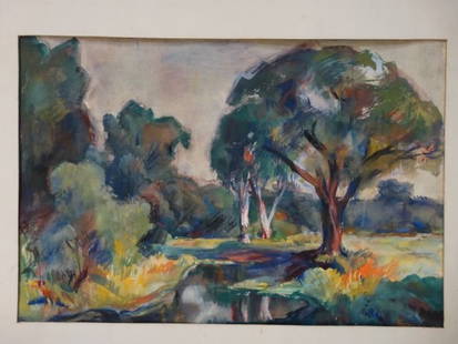 Ejnar Hansen Landscape Watercolor P1030: Ejnar Hansen California landscape with a river running right through it! Watercolor on paper. Provenance: Hansen Estate Measurement: 21 x 15, unframed/unmated. This item ships from Los Angeles, CA