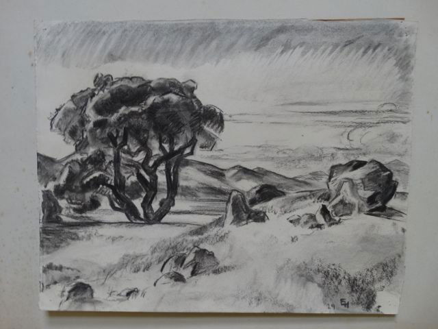 Ejnar Hansen: Landscape with Trees, P1013: Ejnar Hansen drawing of a California landscape with trees. 1929. Image is 15” x12”, with matte 21” x 16”. From Hansen Estate This item ships from Los Angeles, CA