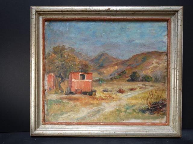 Ejnar Hansen (1884-1965): Red Shack Canvas On Board: A serene California landscape, given special interest by the raised scarlet shack in the field. The Danish born Hansen’s work has a special soul, the way he claims his adopted country (and chosen st