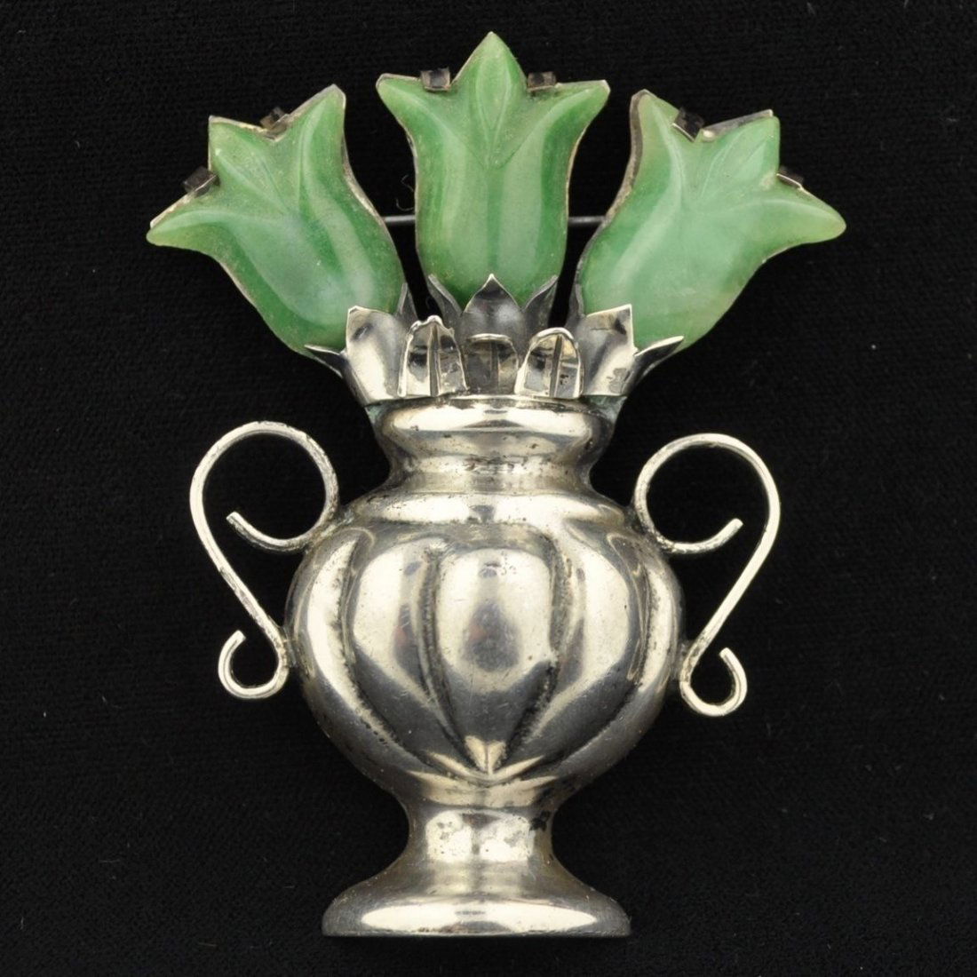 Early Sterling Silver Basket Of Mexican Jade Tulips (1 of 4)
