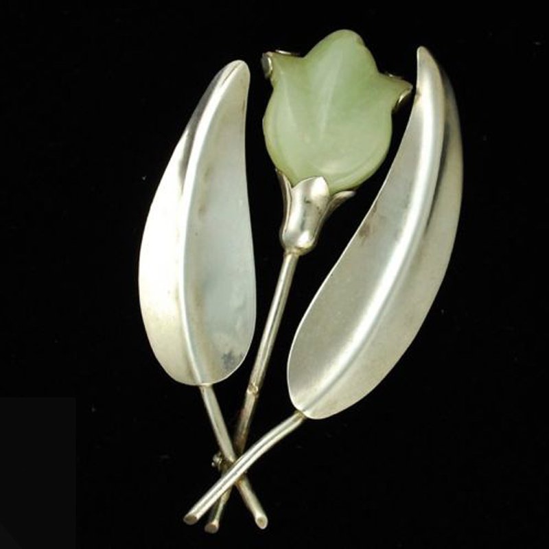 Early Mexican Silver Jade Brooch Pin 1930's 3 3/4" (1 of 4)