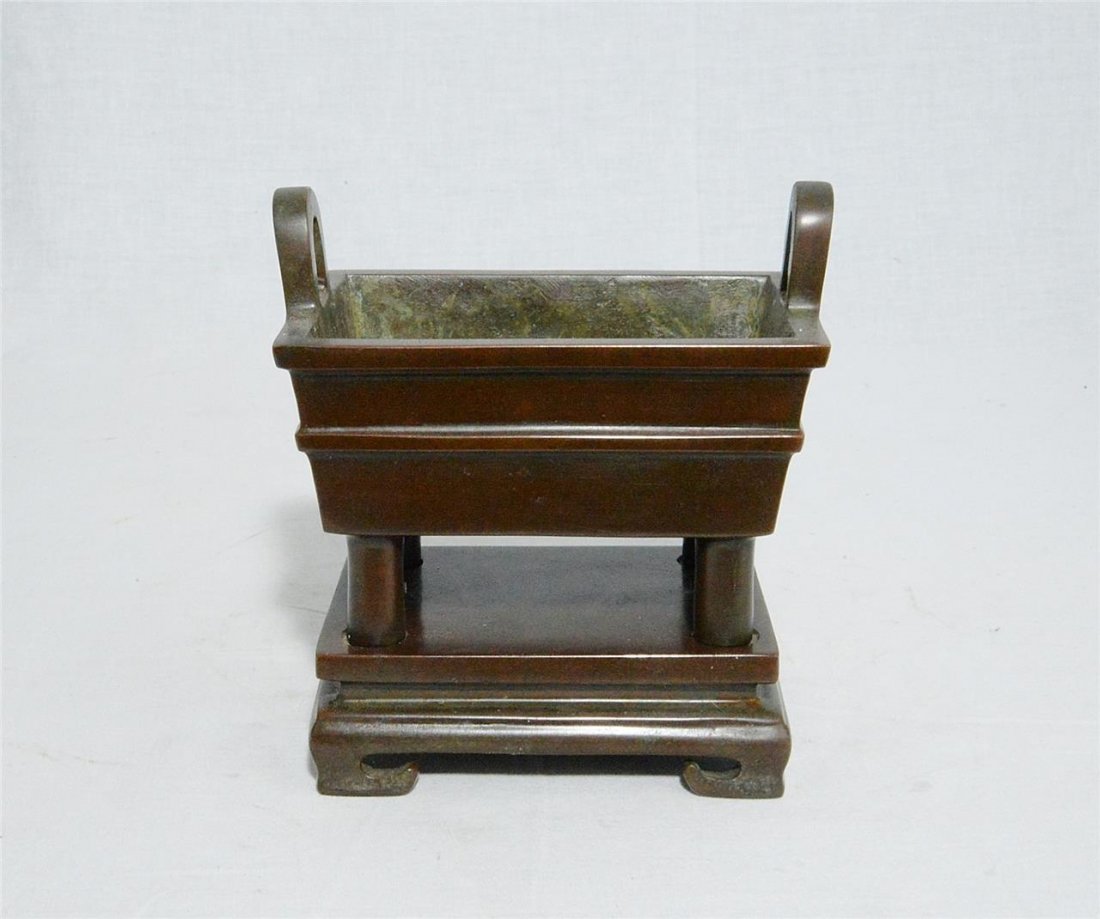 Chinese Rectangle Bronze Incense Burner On Bronze Stand (1 of 6)