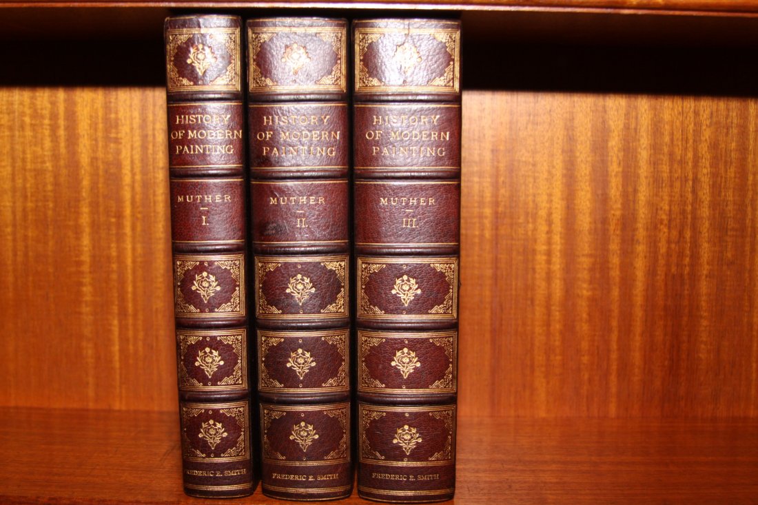 3 vols. Richard Muther. The History of Modern Painting.: Bound in 3/4 wine morocco, marbled boards, top edge gilt, gilt panels (some foxing on preliminary pages annd edges). 4to's. Pub: London: Henry and Co. 1895. Free shipping for this item within the cont