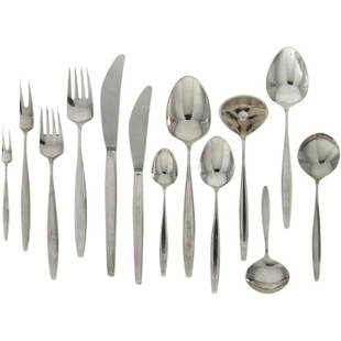 Set of Georg Jensen Sterling Silver Flatware 153 pieces: "A Danish sterling silver modernist flatware service designed by Tias Eckhoff for Georg Jensen Silversmith, Copenhagen, post-1945 Cypress (Cypres) pattern. This set retails upward of $40,000 This set