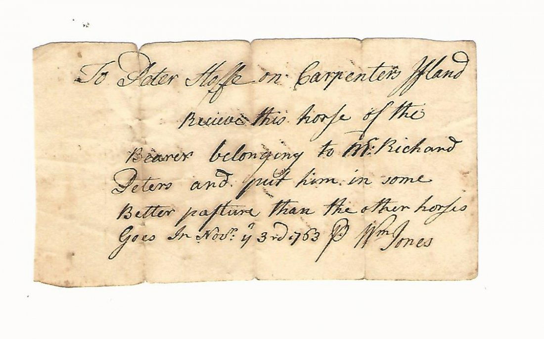 1763 Manuscript Receipt for Horse Carpenter's Island (1 of 1)