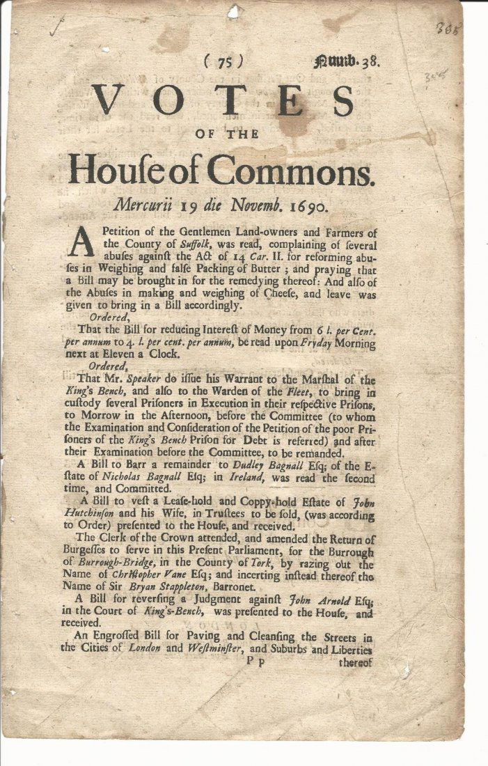 1690 Newspaper Votes House of Commons (1 of 2)