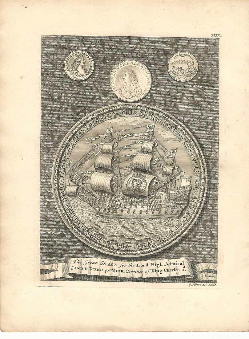 1753 Vertue Engraving Great Seal of Admiralty: 1753 Fine engraving of “The Greate Seale for the Lord High Admiral James Duke of York,..”, by George Vertue, London. Fine condition with a few discoloration marks at blank margin near edge. Measur
