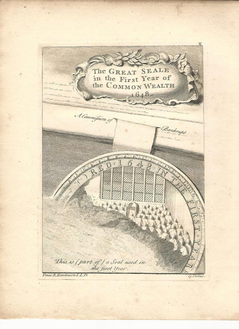 1753 Vertue Engraving Great Seal of Commonwealth: 1753 Fine engraving of “The Great Seale in the first year of the Commonwealth 1648.”, by George Vertue, London. Fine condition with light mounting traces on verso. Measures 9 x 11.5”. Free shipp