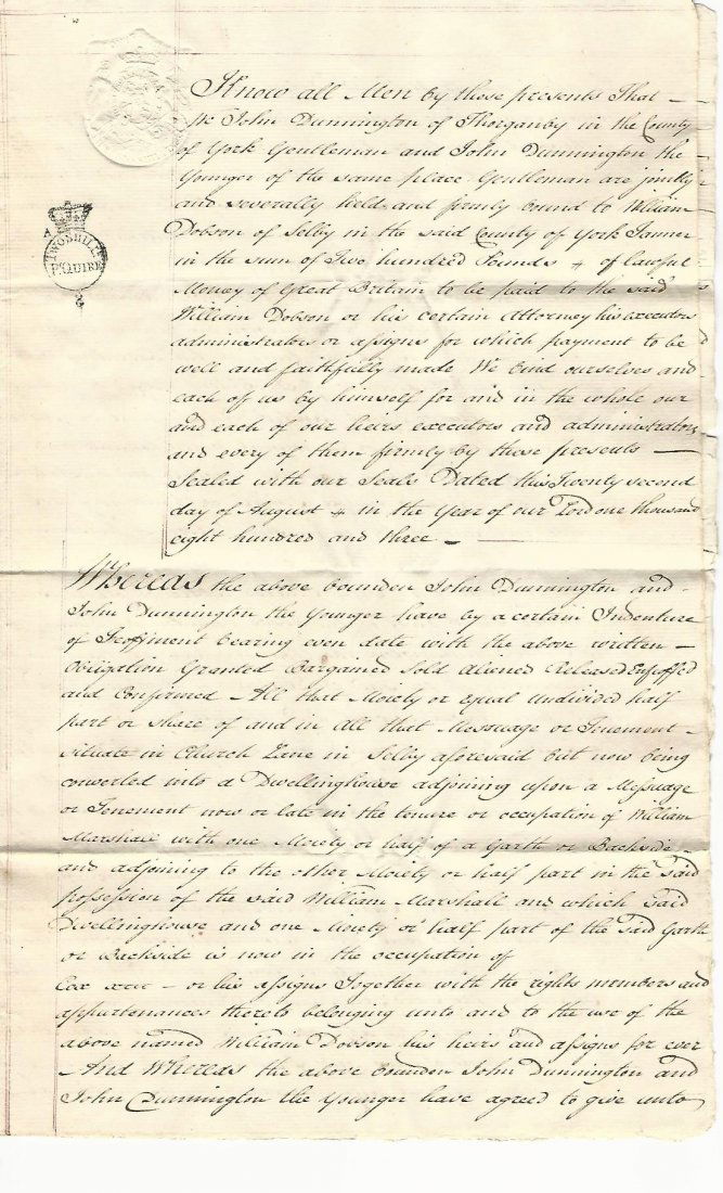 1803 English Manuscript Bond for Peaceable Enjoyment (1 of 2)