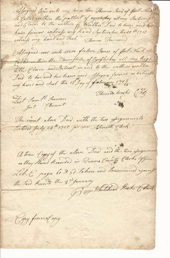 1715 True Copy of 1683 Indian Deed: Manuscript copy of a 1683 deed between Captain Opasum, an Indian, and Adam Wright, Job Wright, John Wright, Thomas Weeks and Thomas Townshend , all inhabitants of Oyster Bay m being a tract on the "so