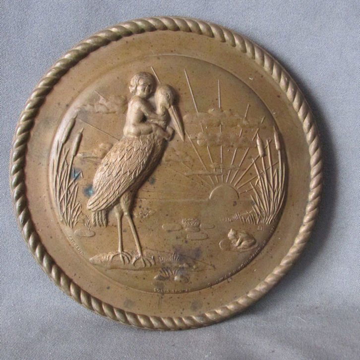 Vintage Bronze Plaque Baby Riding Stork (1 of 4)