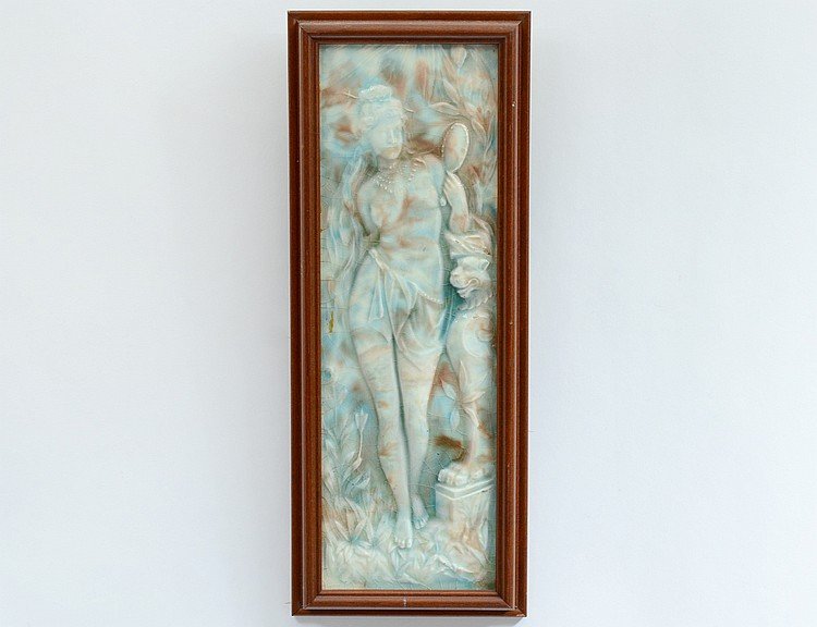 Antique Art Pottery Tile, Lady & Gargoyle: An antique art pottery tile. The tile is architectural and depicts a Nude Woman with a Gargoyle. Overall dimensions are 18 1/2" high x 6 1/8" wide excluding the frame. The frame is modern. Shipping Sh