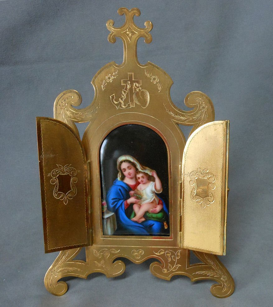 19thC Miniature Painting on Porcelain Mary & Child (1 of 6)