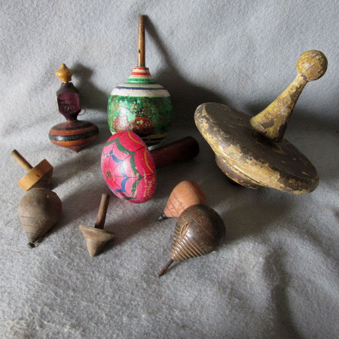 9 Different 19thC Primitive Toy Tops, Old Paint (1 of 6)