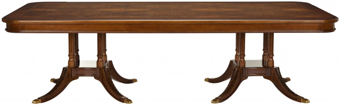 Fruitwood Fixed Dining Table: Inspired by the classic lines and Georgian aesthetic of master furniture designer Duncan Phyfe, the Fruitwood Fixed Dining Table is an heirloom-quality piece. Crafted with mahogany-finished beech wood