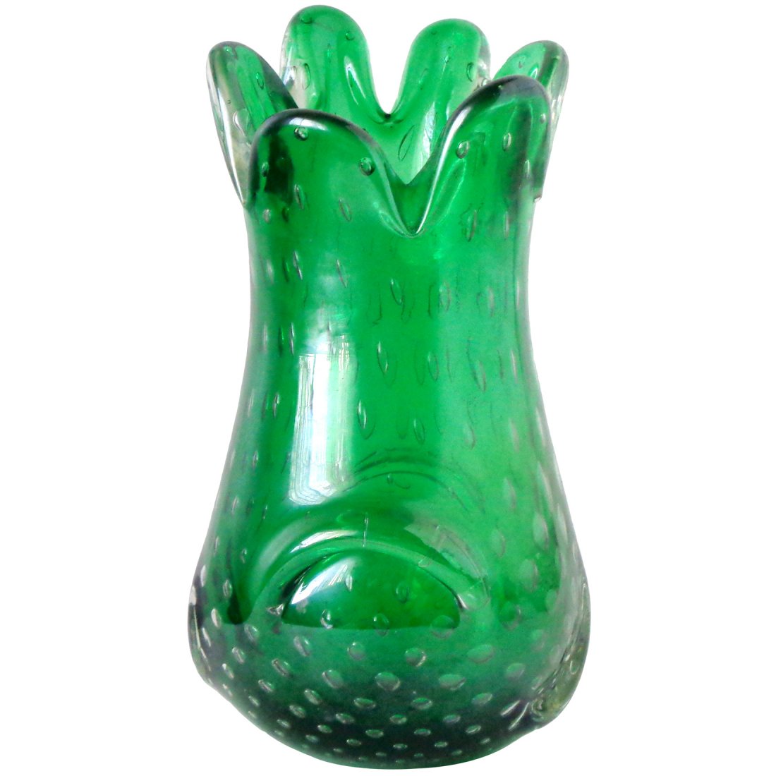 Murano Green Bubbles Organic Shape Art Glass Flower: No Reserve - Murano hand blown green and controlled bubbles art glass flower vase. The piece has an organic shape, with a slight iridescent or mirror surface. Measures 8 1/4" tall x 4 1/2" wide. No Re
