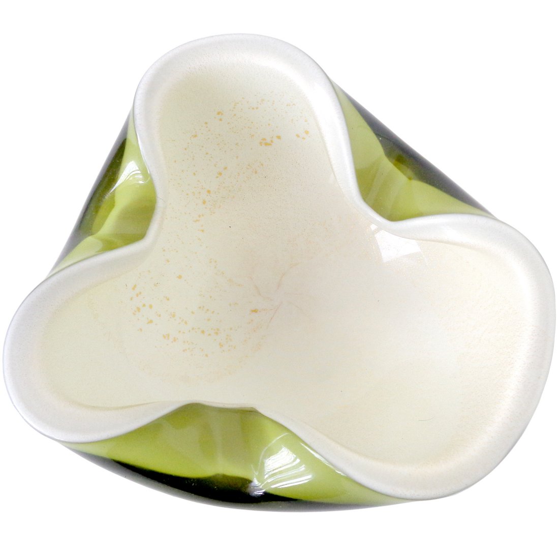 Alfredo Barbini Green White Gold Art Glass Bowl: No Reserve - Beautiful Murano hand blown green over white and gold flecks art glass decorative bowl. Documented to designer Alfredo Barbini. Measures 6" long x 5 1/4" wide x 2 1/2" high. No Reserve Th