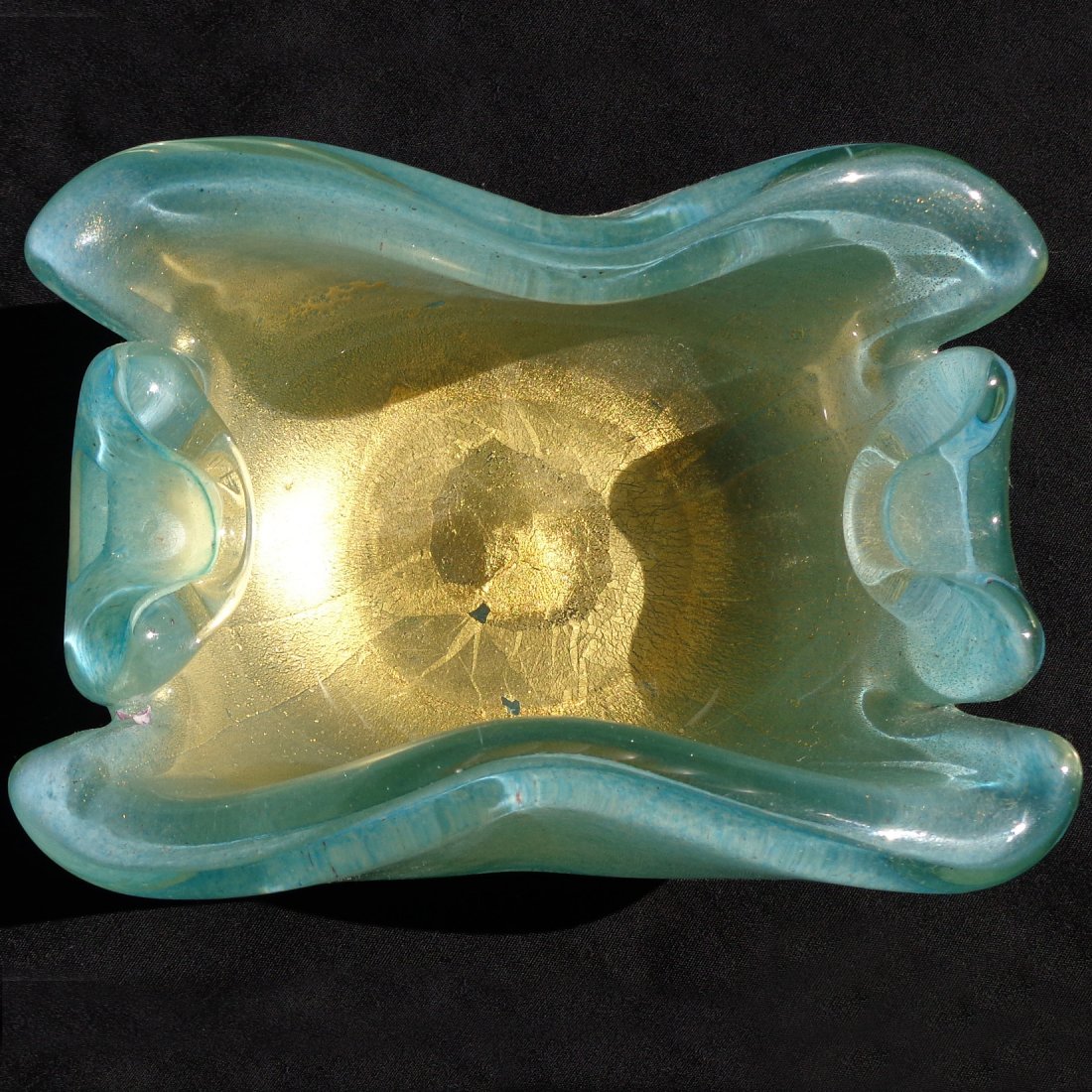 Barovier Murano Blue Gold Flecks Cut Art Glass Bowl: No Reserve - Beautiful Murano hand blown light blue and heavy gold flecks art glass scissor cut rim decorative art glass bowl. Documented to the Barovier e Toso company. Measures 5 1/2" long x 4" wide