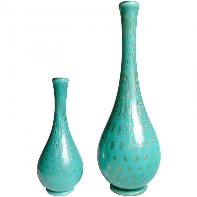Alfredo Barbini Murano Teal Green Vases (1 of 3)