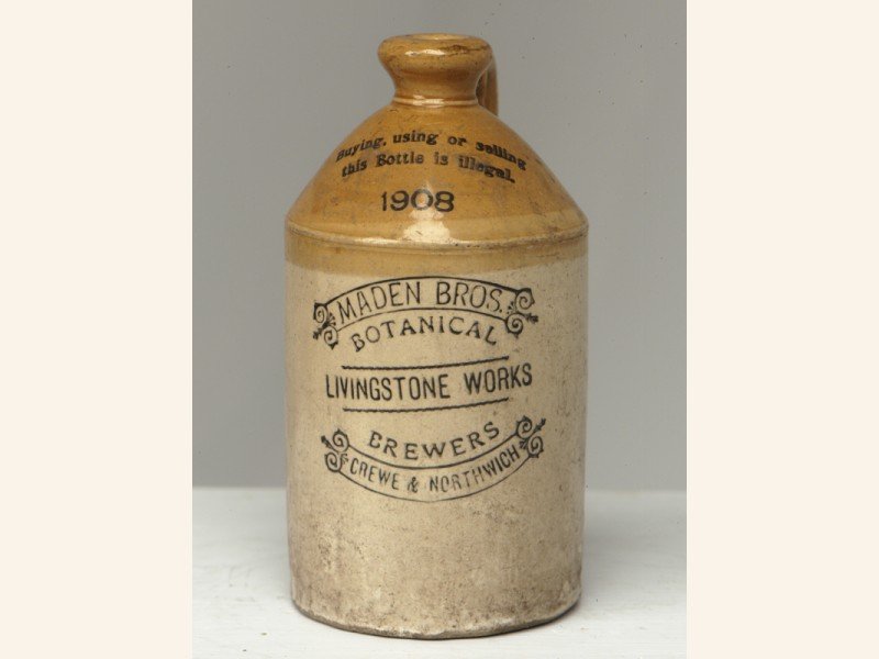 Antique Crockware Brewery Jug: Brewery jug from Livingstone Works, brewers Crew & Northwich, early 20th C. Though not recommended for storing liquids, we think this would make an excellent addition to any home bar, kitchen, rec roo
