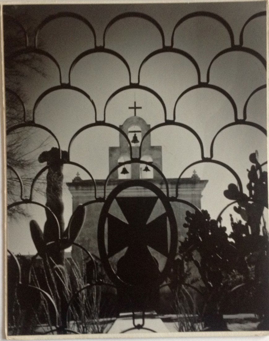 Marguerite Baker Johnson - VERY RARE Mid Century: Photographer: Marguerite Baker Johnson Black and White Vintage Mid Century Photograph Dimensions: Image on board 20 x 16" Scene: The Bells of San Xavier Verso sticker: Grosse Pointe Camera Club, Stamp