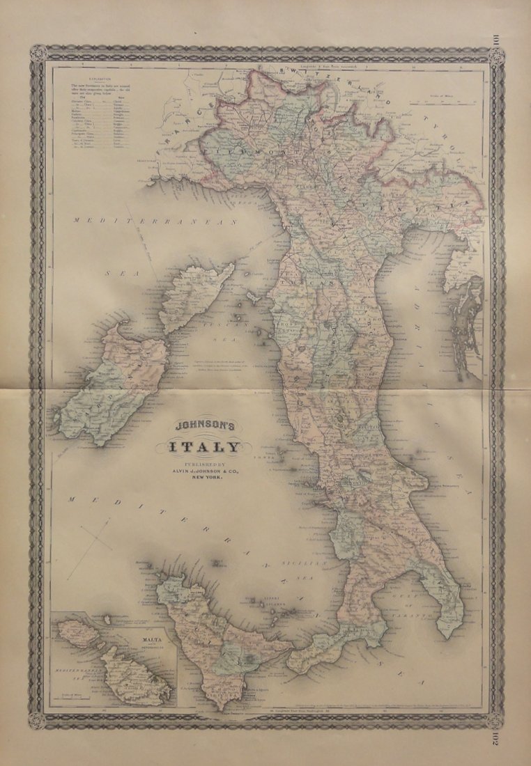 Map of Italy, 1868: Original engraving from Johnson's Atlas of the World, 1868. Map includes vignette of Malta and details cities, towns and territories. Dimensions: 18" x 26". No Reserve This item ships from Ocean View,