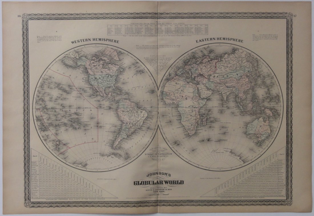Globular World: Western & Eastern Hemispehere, 1868: Original engraving from Johnson's Atlas of the World, 1868. Map includes vignette of Long Island & cities, towns and territories. Dimensions: 18" x 26". No Reserve This item ships from Ocean View, DE.