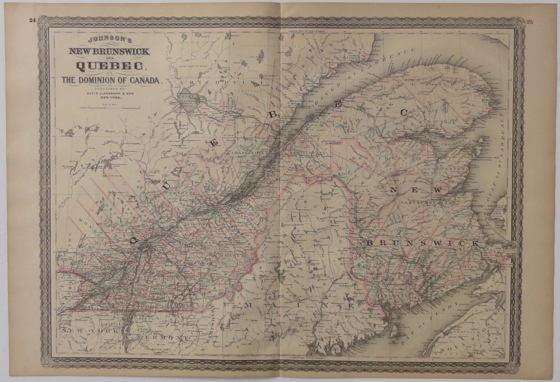 Map of New Brunswick & Quebec, Dominion of Canada, 1868: Original engraving from Johnson's Atlas of the World, 1868. Map details cities, towns and territories. Dimensions: 18" x 26". No Reserve This item ships from Ocean View, DE.