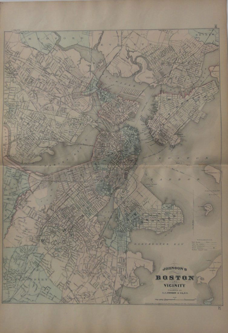 Map of Boston & Vicinity, 1868: Original engraving from Johnson's Atlas of the World, 1868. Map details city streets, neighborhoods and Boston Harbor & Charles River. Dimensions: 18" x 26". No Reserve This item ships from Ocean View