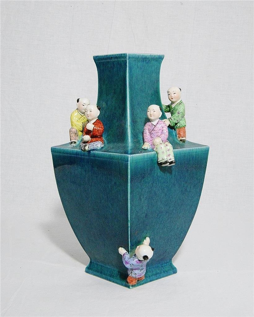 Chinese Lu-Jun Glaze Porcelain Vase With Mark: Chinese Lu-Jun glaze porcelain vase, decorated with kids. Six relief of Chinese character mark on the base. Good condition. 12.25" height. Free shipping around the world. • Free shipping worldwide.