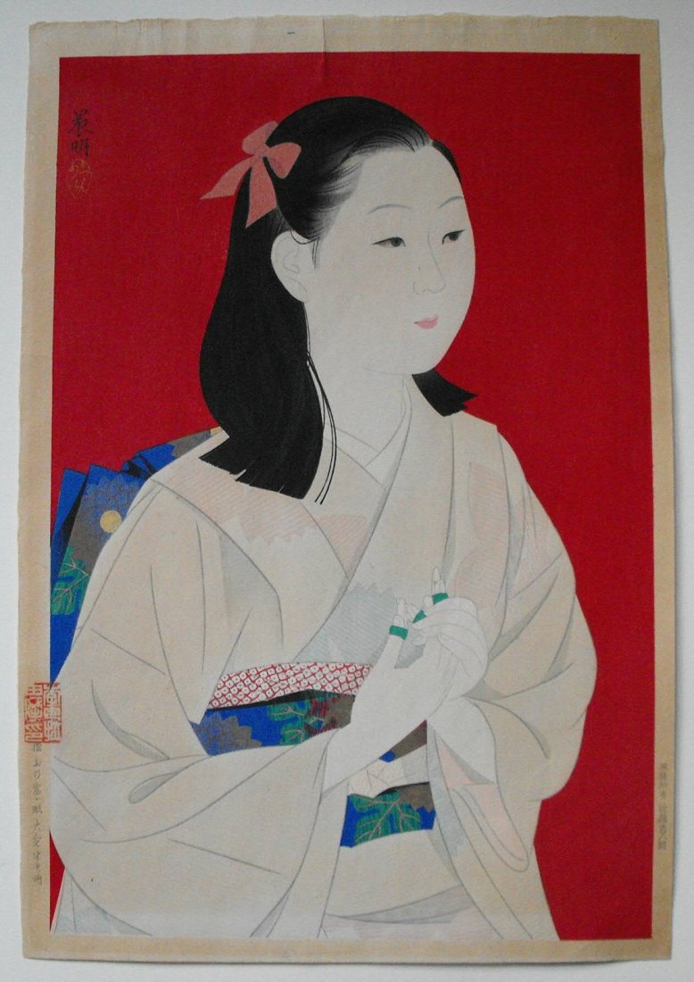 Original Japanese Woodblock Print by Kato: Original Japanese Woodblock Print by Kato Artist: Shinmei Kato. Subject: Beauty. Date: c.1938. Measures: 10.75” x 16”. Shipping for this item will be $15 domestic, $40 overseas. No additional char