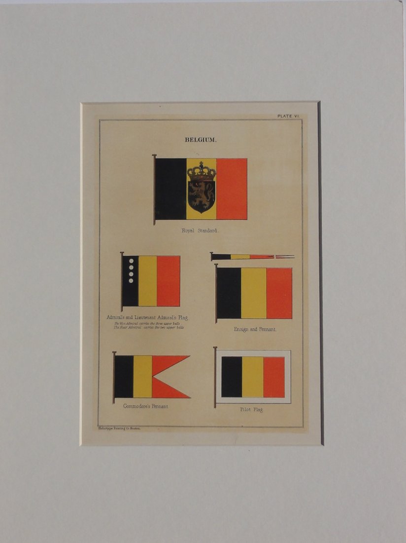 Nautical Flags of Belgium, 1882: Original chromolithograph from "Flags of the Maritime Nations" published by the Bureau of Navigation, Washington, DC, 1882. Dimensions: 12" L x 16" W No Reserve This item ships from Ocean View, DE