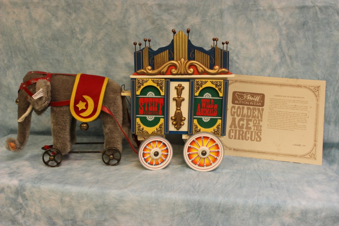 Steiff "Golden Age of the Circus" Elephant and Calliope: This is a Limited Edition Circus Wagon and Elephant on wheels, made by the Steiff Company of Germany, as part of the Golden Age of the Circus set - only 5000 of each one were produced. The Elephant an