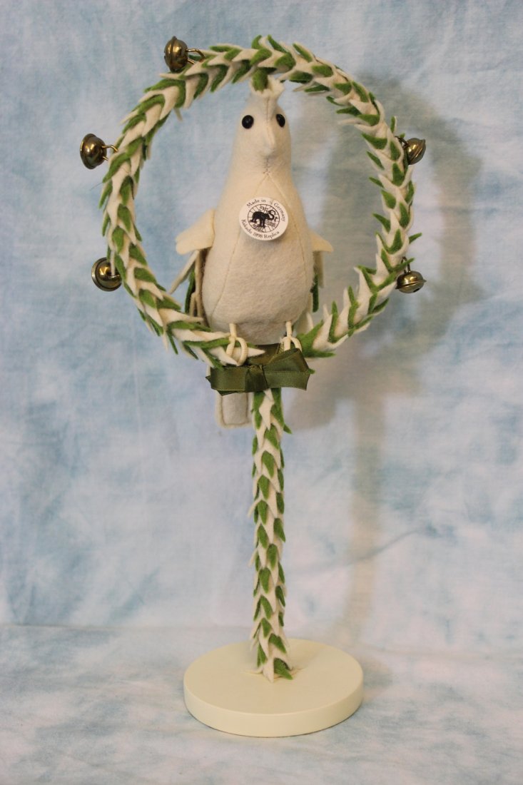 11" Steiff 400322 1898 Replica Cockatoo Bird Rattle: This has been a classic rattle for many years. Until 1918, it was one of the most well-know and beloved baby rattles in the Steiff collection. His realistic craftsmanship, has hand sewn bells, an ext