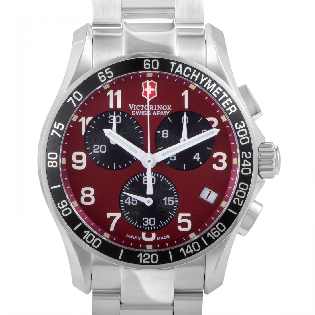 Swiss Army: Chrono Classic 241148: The daring aesthetics and precision of this daily-wear Swiss Army timepiece makes it a masterpiece. The tasteful combination of shimmering steel and a dashing red dial, punctuated with black chronomet