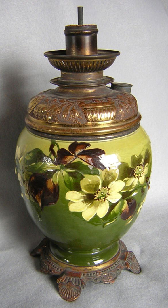 19thC English Art Pottery Hand Painted Oil Lamp Signed (1 of 9)