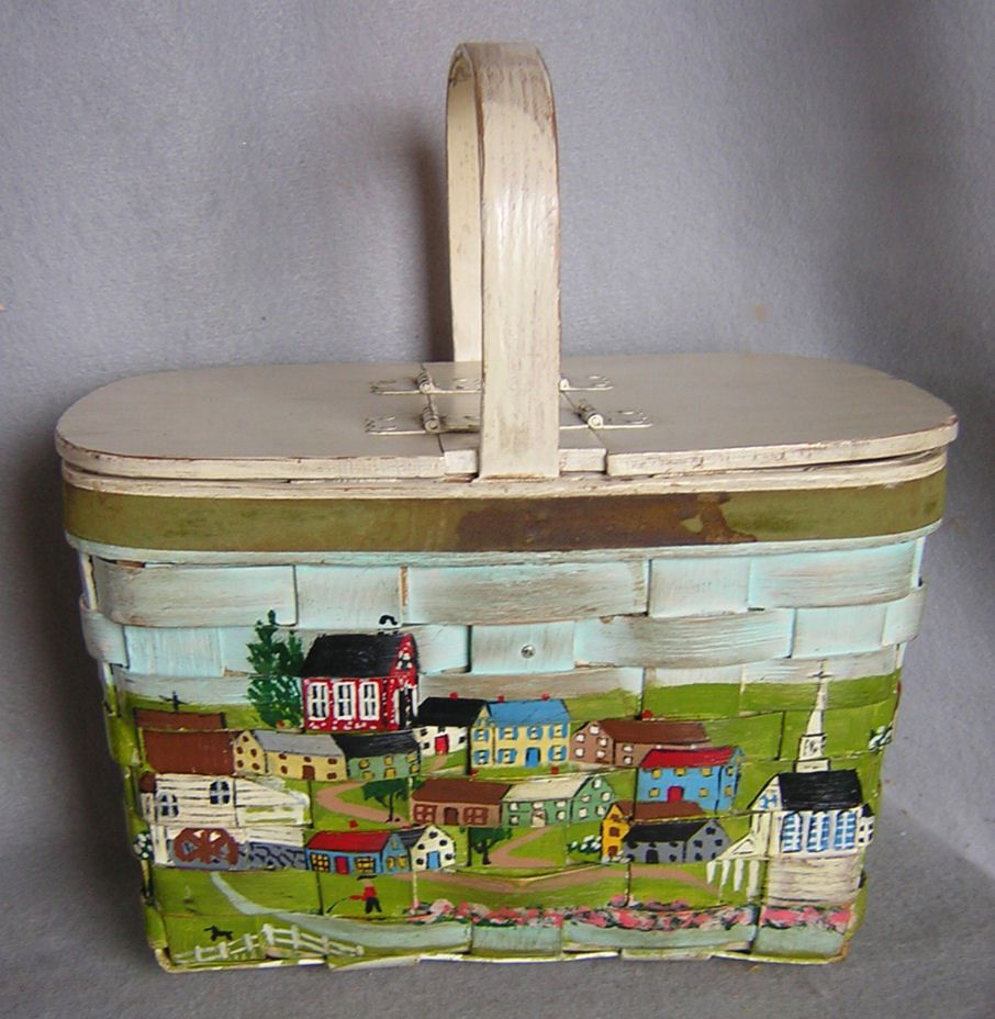 Folk Art Basket in Old Paint, Village Scene (1 of 7)