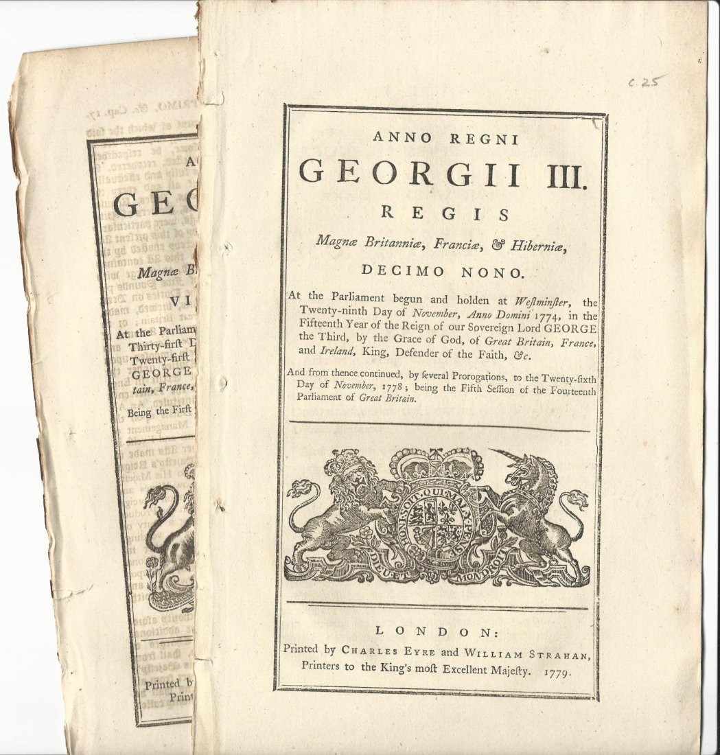 1781 Two English Acts Parliament: Two English Acts of Parliament printed 1779 and 1781, each complete in itself and with decorative cover leaf. 1781 Act pertaining to Militia forces. Fine condition, measures 8 x 12”. Free shipping f