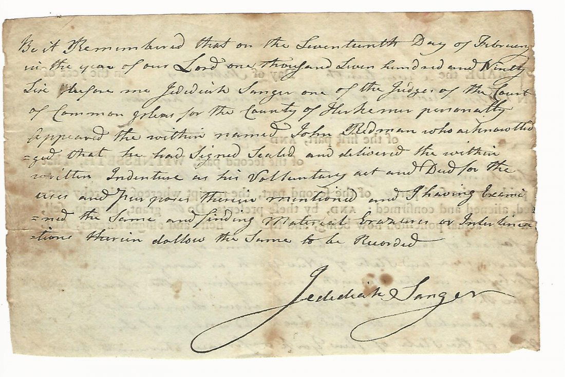 1795 Document Signed Jedediah Sanger (1 of 1)