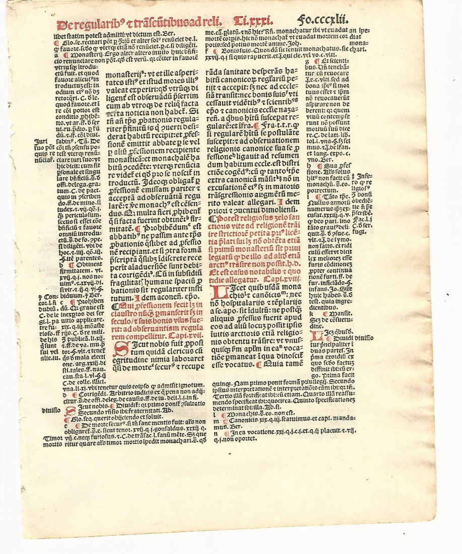 1516 Leaf Decretales of Pope Gregory IX: 1516 printed leaf from the Decretales of Pope Gregory IX , printed at Paris. On fine paper in red and black. Accompanied by color copy of the printers imprint of Thielman Kerver. Measures 7 x 9”. Fr