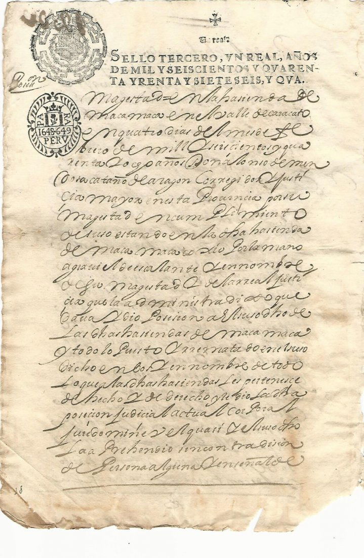 1649 Colonial Peru Manuscript Rare Hand Stamp (1 of 1)